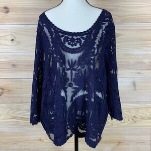 Simply Emma Top Womens 3X Blue Crochet Embroidered Mesh Sheer Boho Eclipse New
